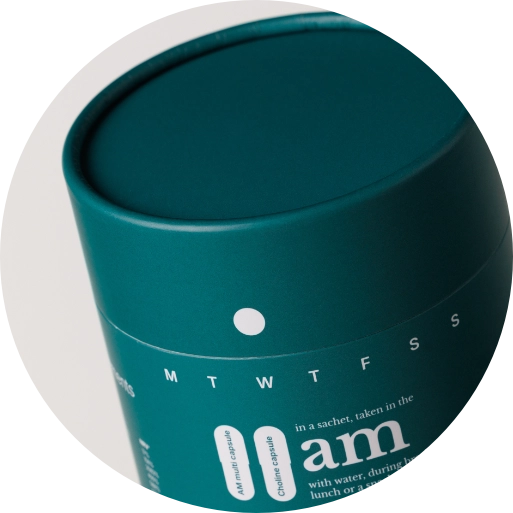 A close-up of a dark teal cylindrical container with a matching lid, featuring white text and labels including a tracking dot and the letters M T W T F S S for the days of the week.