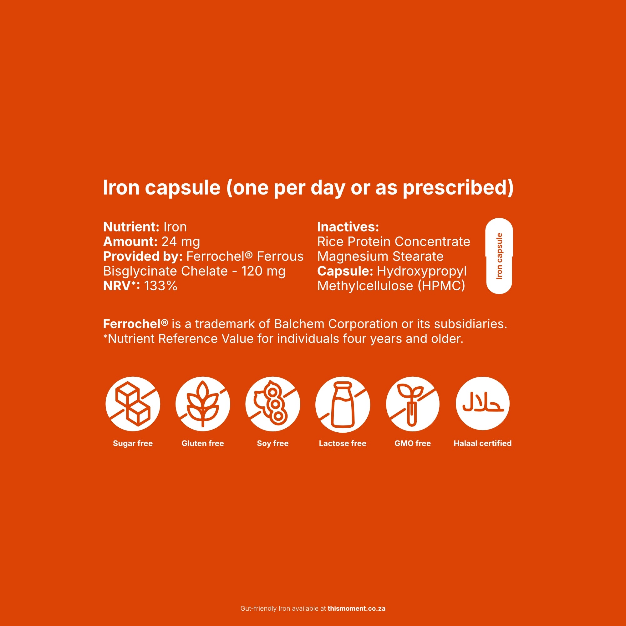 An orange informational graphic for Ferrochel Ferrous Iron capsules, detailing the iron content, ingredients, and icons indicating sugar, gluten, soy, lactose, GMO, and halal certification.